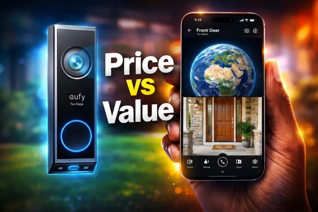 eufy E340 dual camera video doorbell next to a smartphone app interface.