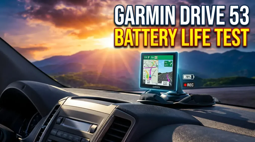 Garmin Drive 53 GPS navigator on car dashboard testing battery life.