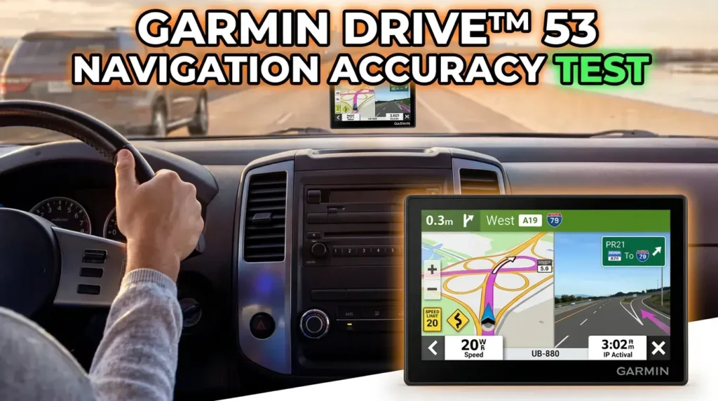 Garmin Drive 53 GPS navigator showing live map and lane guidance.