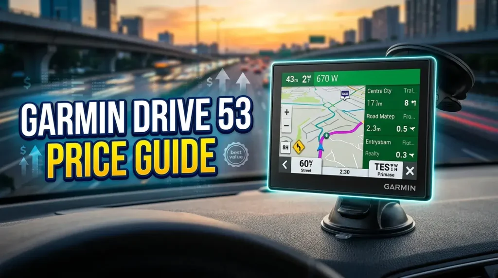 Garmin Drive 53 GPS navigator mounted on a car dashboard showing map navigation.