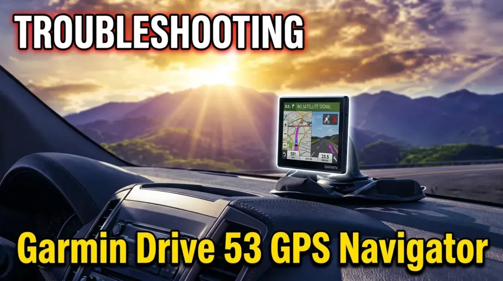 Garmin Drive 53 GPS navigator on car dashboard with troubleshooting signal error.
