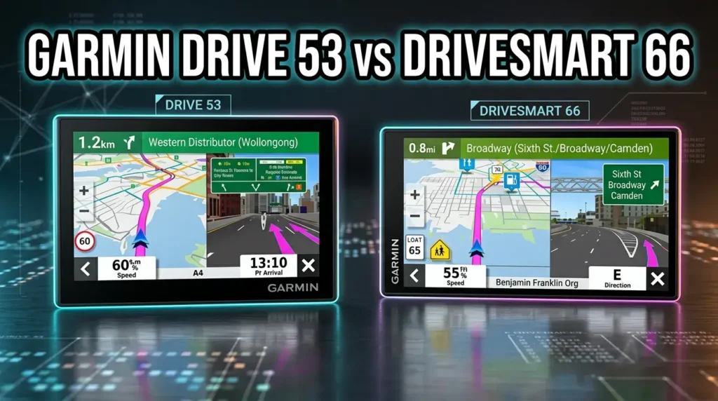 Side-by-side display comparison of Garmin Drive 53 and DriveSmart 66 GPS units.