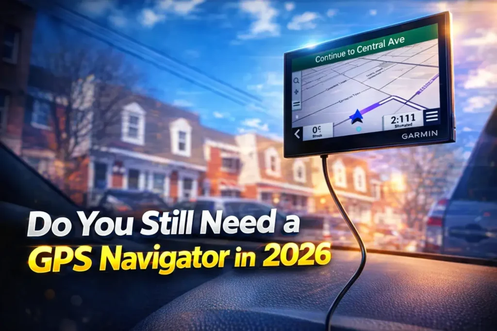 Garmin GPS navigator displaying a street map on a car dashboard.