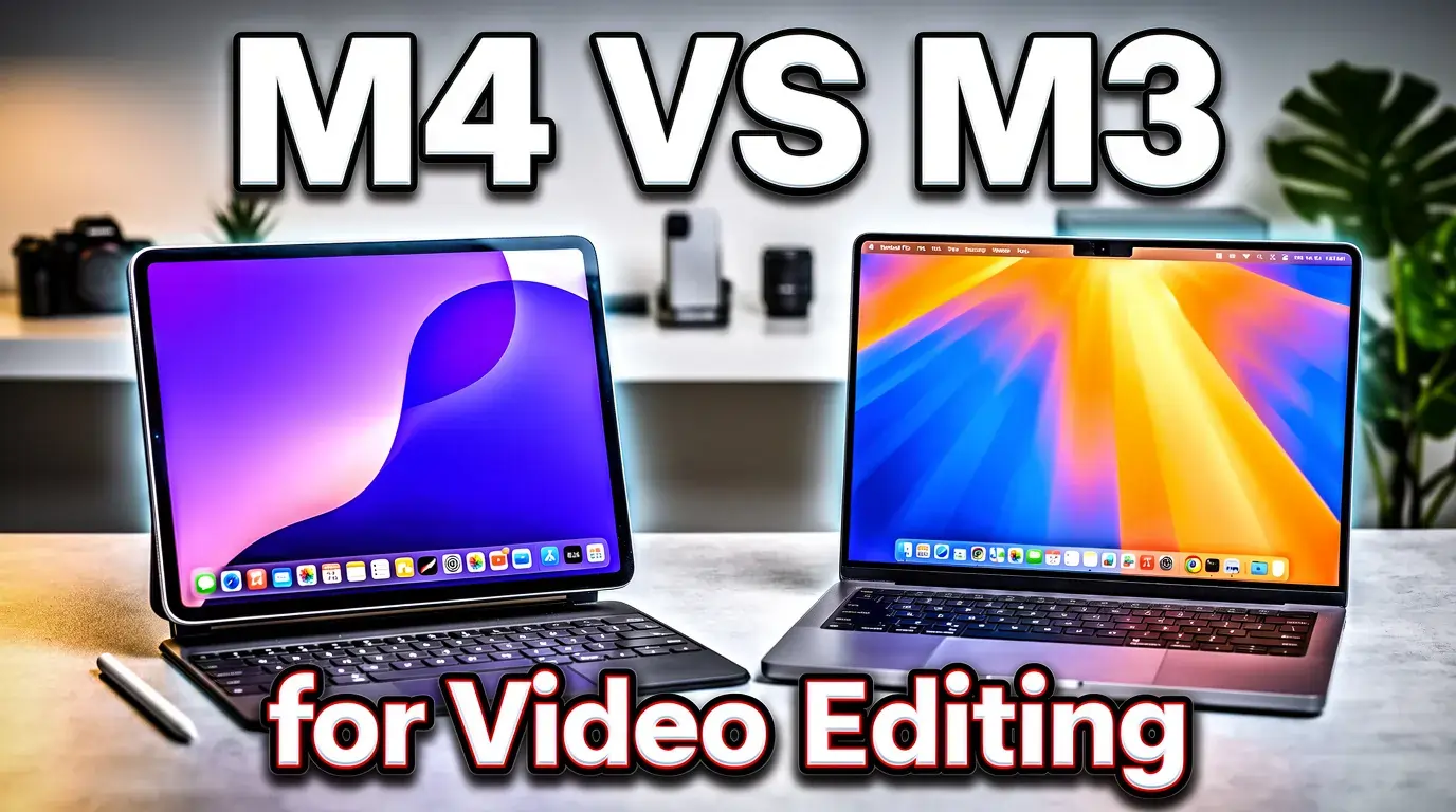 iPad Pro M4 with Magic Keyboard next to MacBook Air M3 for video editing.