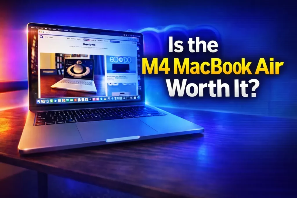 Silver M4 MacBook Air open on a wooden desk with blue and orange lighting.
