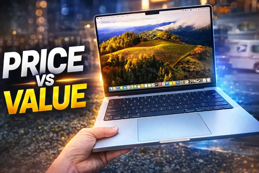 Person holding a silver MacBook Pro laptop with Price vs Value text.