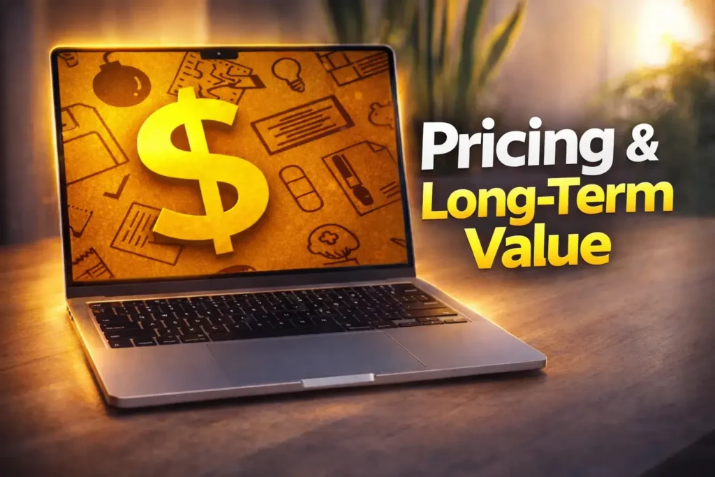 Laptop on a desk showing a dollar sign and pricing value text.