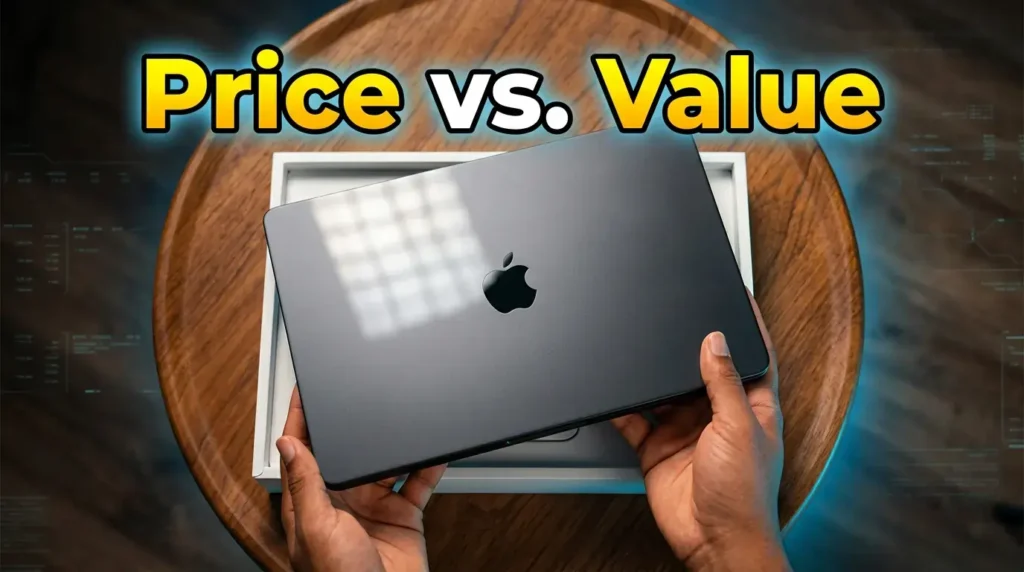 Space Black MacBook Pro being lifted out of its box on a table.