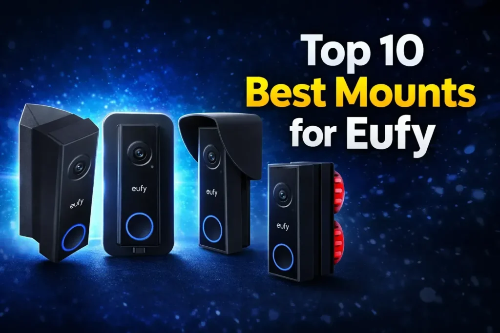 Four Eufy video doorbells showing different types of mounting hardware and wedges.